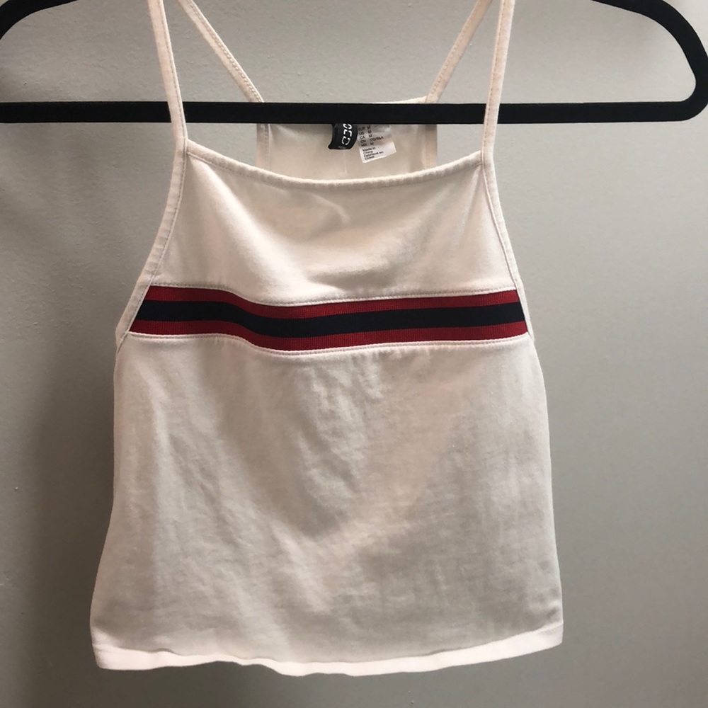 white halter top with red and blue stripe
